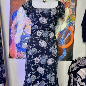 Vintage 90's dark fairy black and blue paisley floral midi dress- Medium
